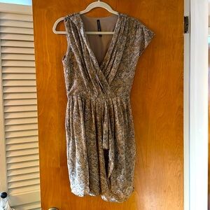 Tan and green printed dress.